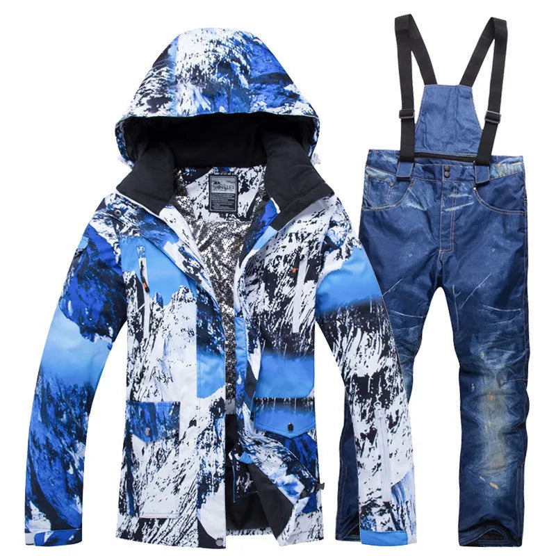 Waterproof ski suit for men and women in blue or red, cotton filler and nylon lining, sizes S to 3XL.
