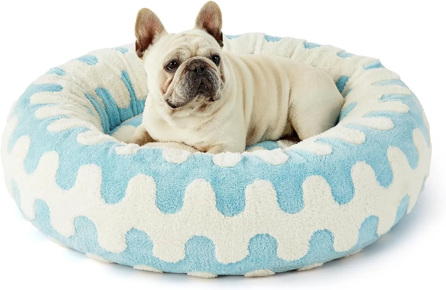 Round plastic dog bed with plaid cushion available in multiple colours and four size options