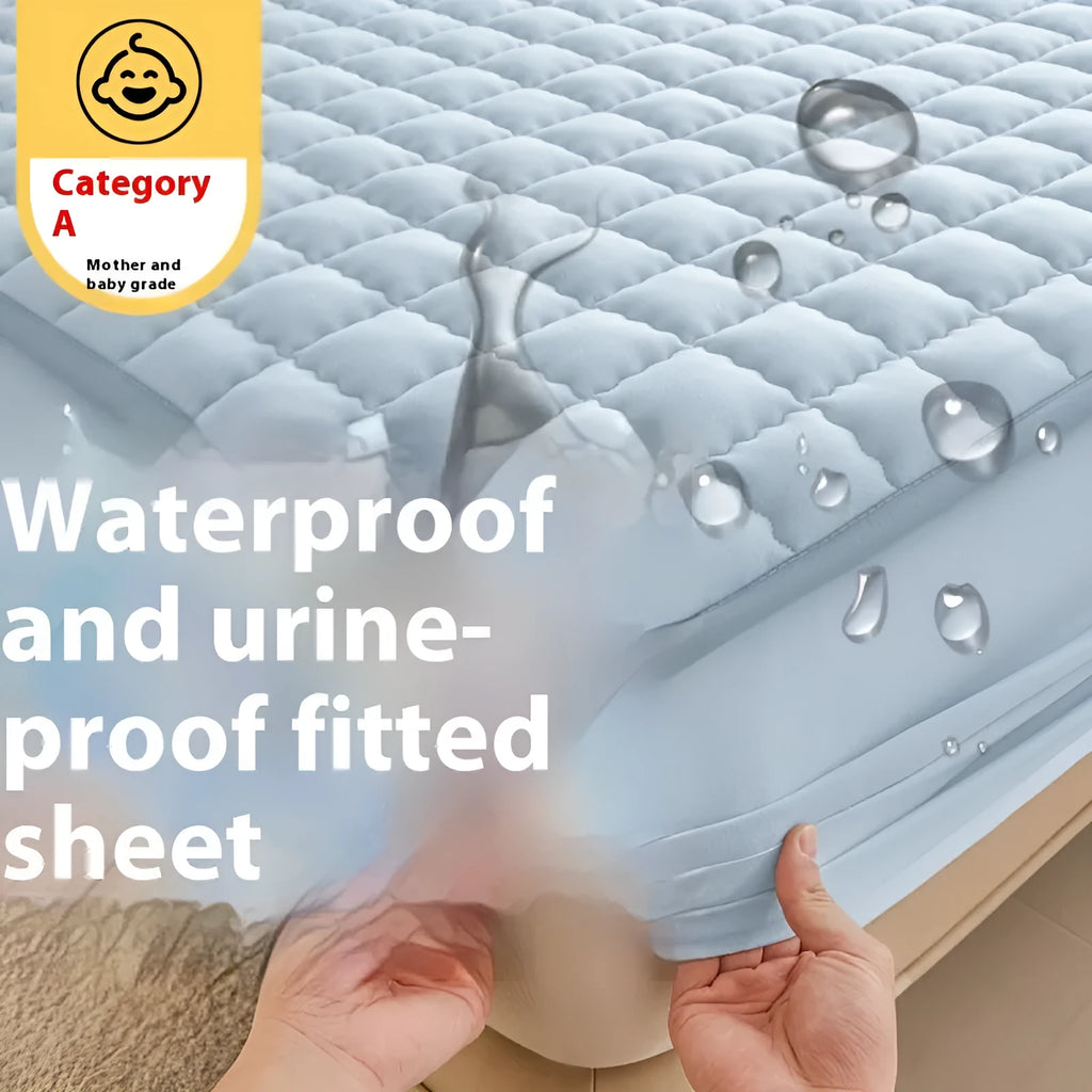 Blue washed cotton waterproof fitted sheet with elasticated corners on a mattress.