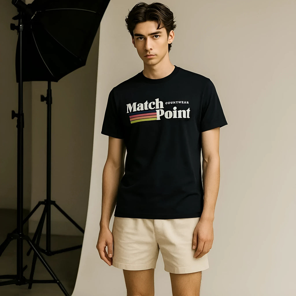 Black men's short sleeve t-shirt with a 3D digital printed pattern on the front.