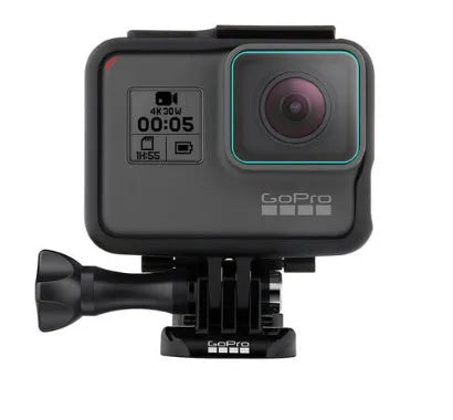 Transparent 9H tempered glass screen and lens protector films for GoPro Hero 5, 6, and 7 cameras.