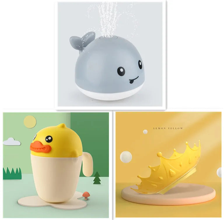Whale-shaped electric bath toy spraying water with coloured LED lights, shown with base unit on blue background