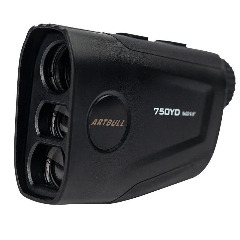 Rechargeable golf laser rangefinder with slope compensation and flag lock function showing LCD display