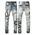 Men's blue distressed skinny jeans with wash finish showing button fly and slim fit