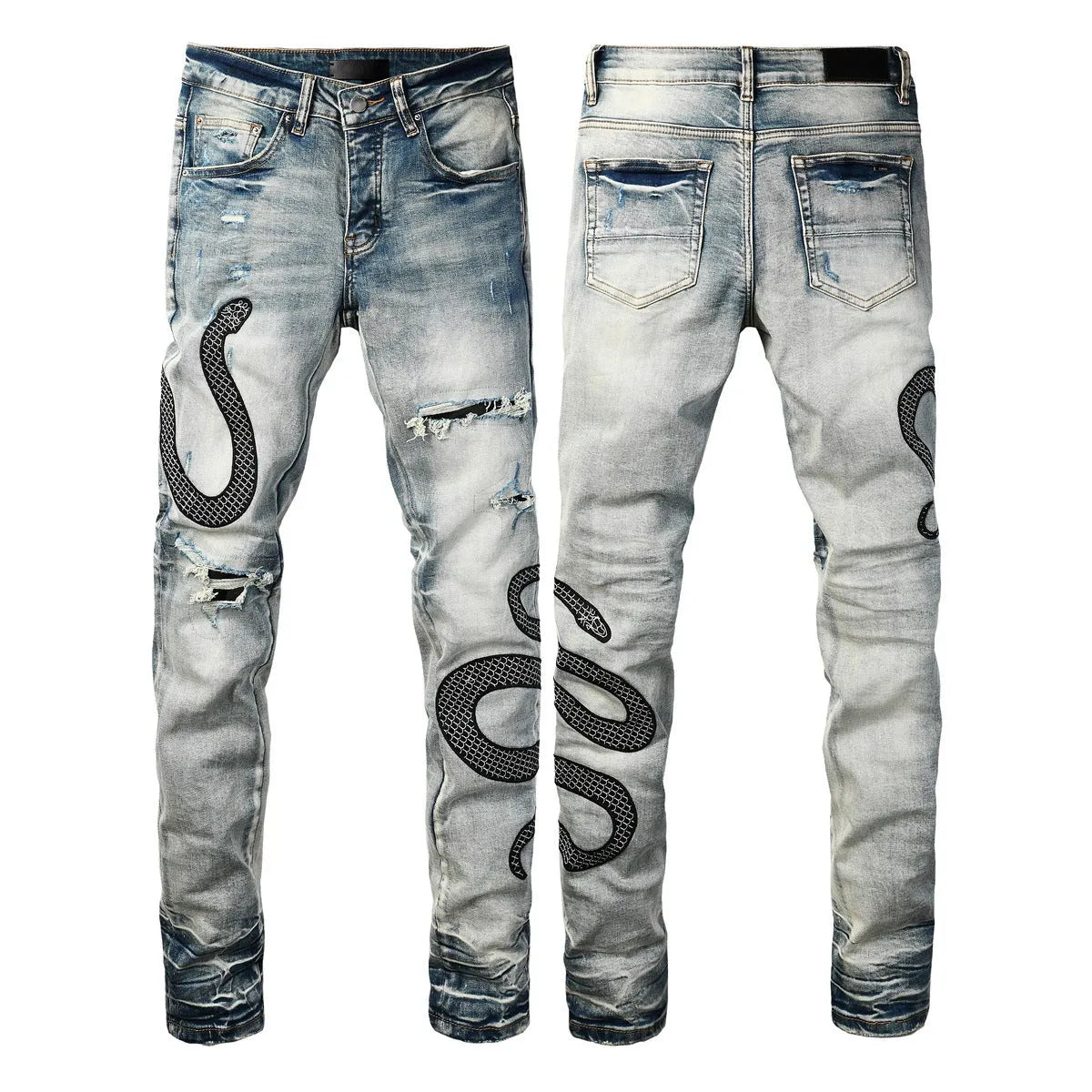 Men's blue distressed skinny jeans with wash finish showing button fly and slim fit