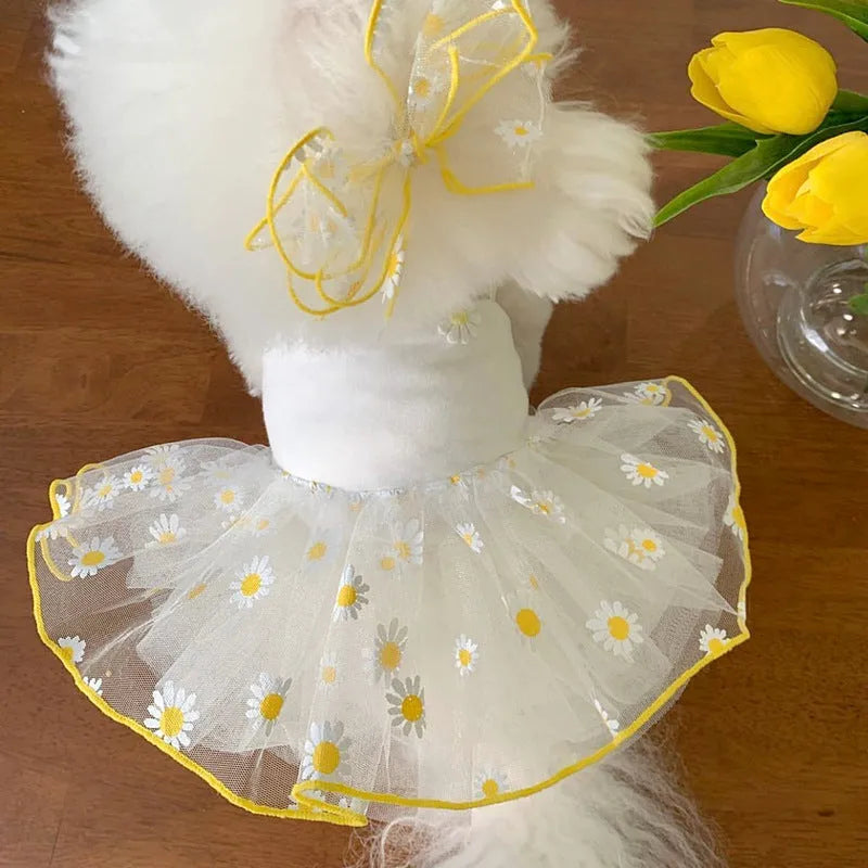 Yellow daisy patterned thin summer dog clothes made from polyester fabric