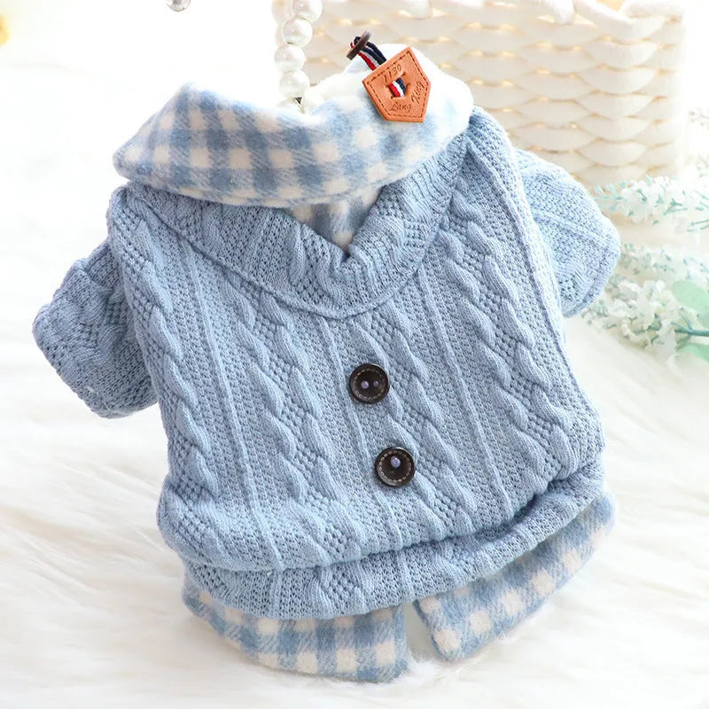 Blue wool plaid dog sweater with two-piece fleece-lined design for small to large dogs