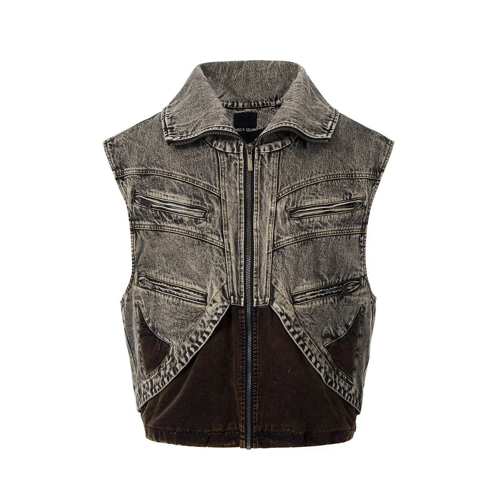Men's sleeveless denim vest jacket with zip front in cotton fabric