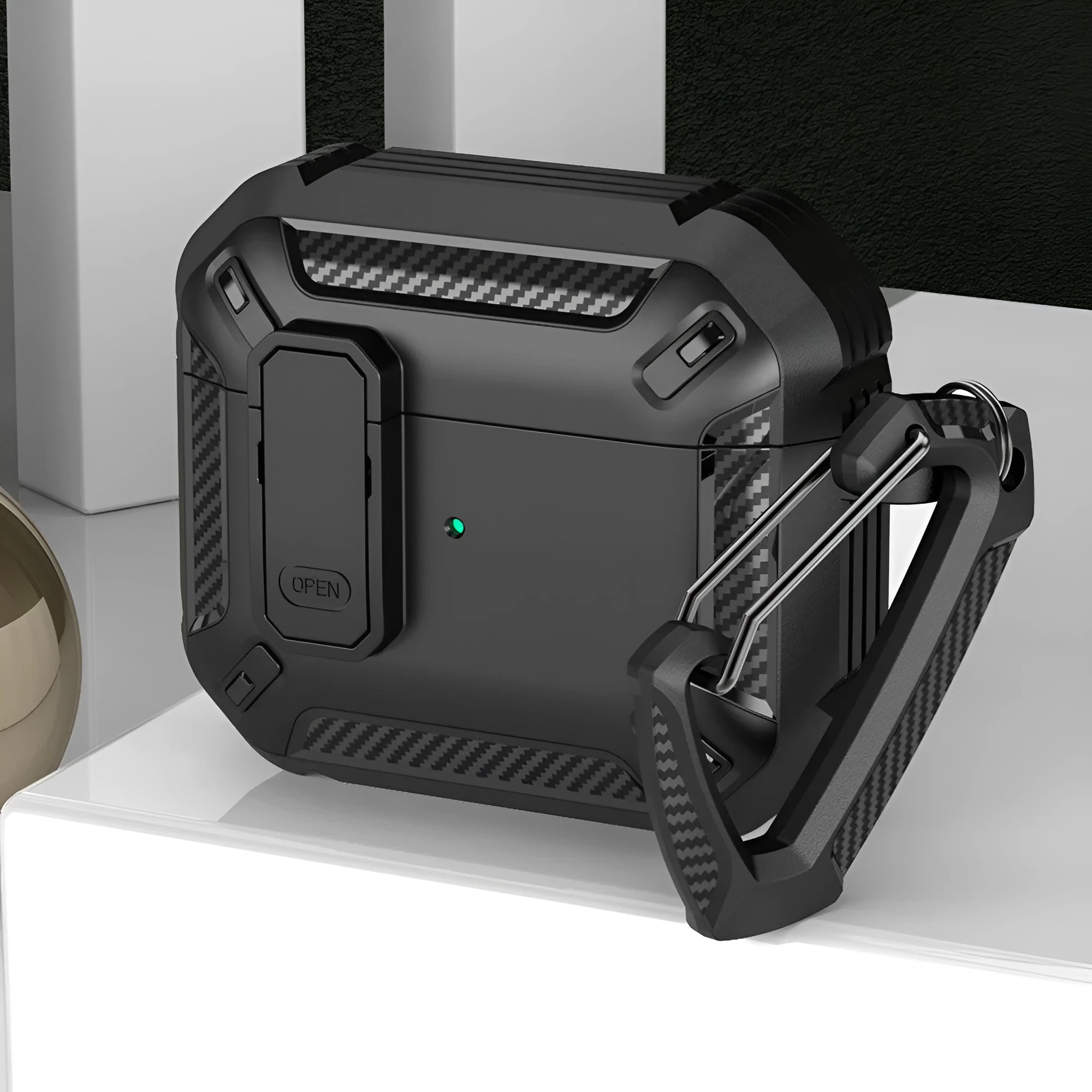 Two-tone plastic clamshell case for AirPods earbuds with carrying hook