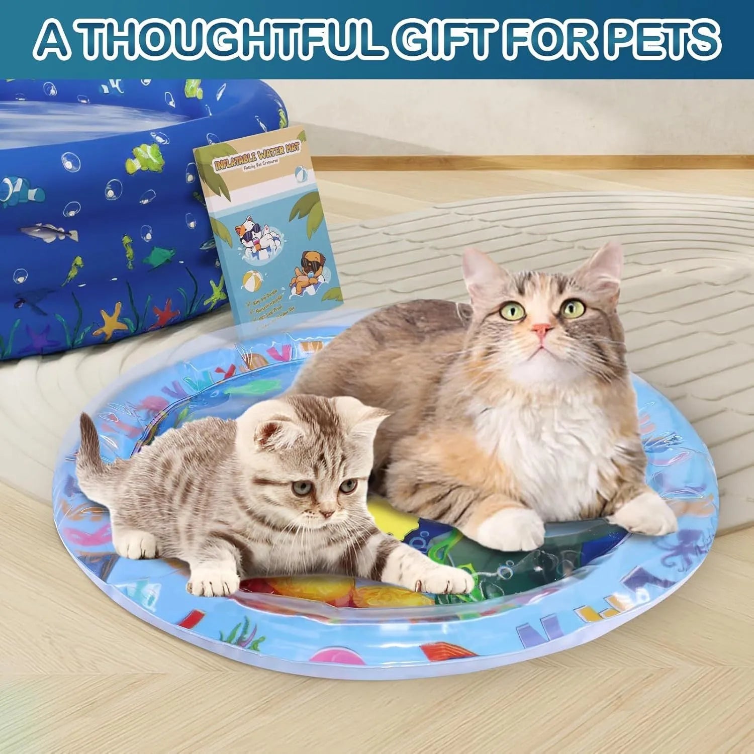 Large blue ocean-themed water playmat for cats and dogs with floating fish toys inside