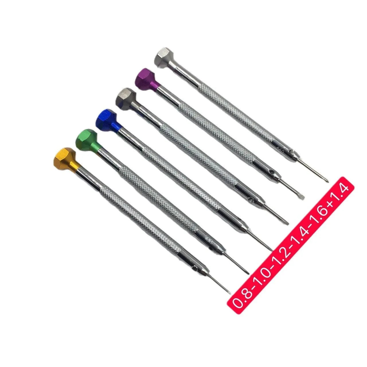 Set of six colour-coded aluminium handle screwdrivers for watch and precision repair work.