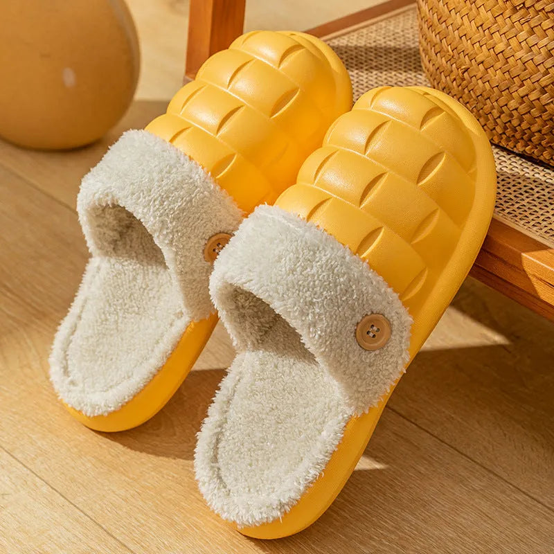 Plaid detachable EVA slippers for women in pink, showing plush lining and non-slip sole.