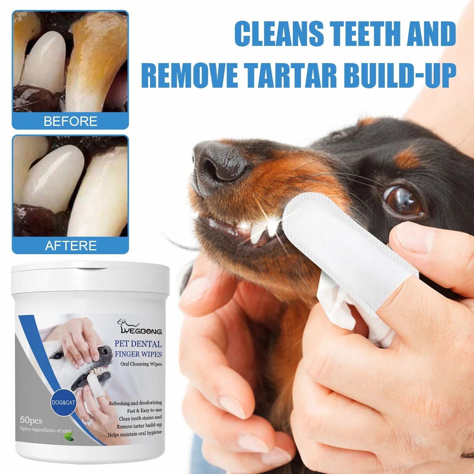 Canister containing 50 disposable finger stall wipes for dog teeth cleaning and oral care