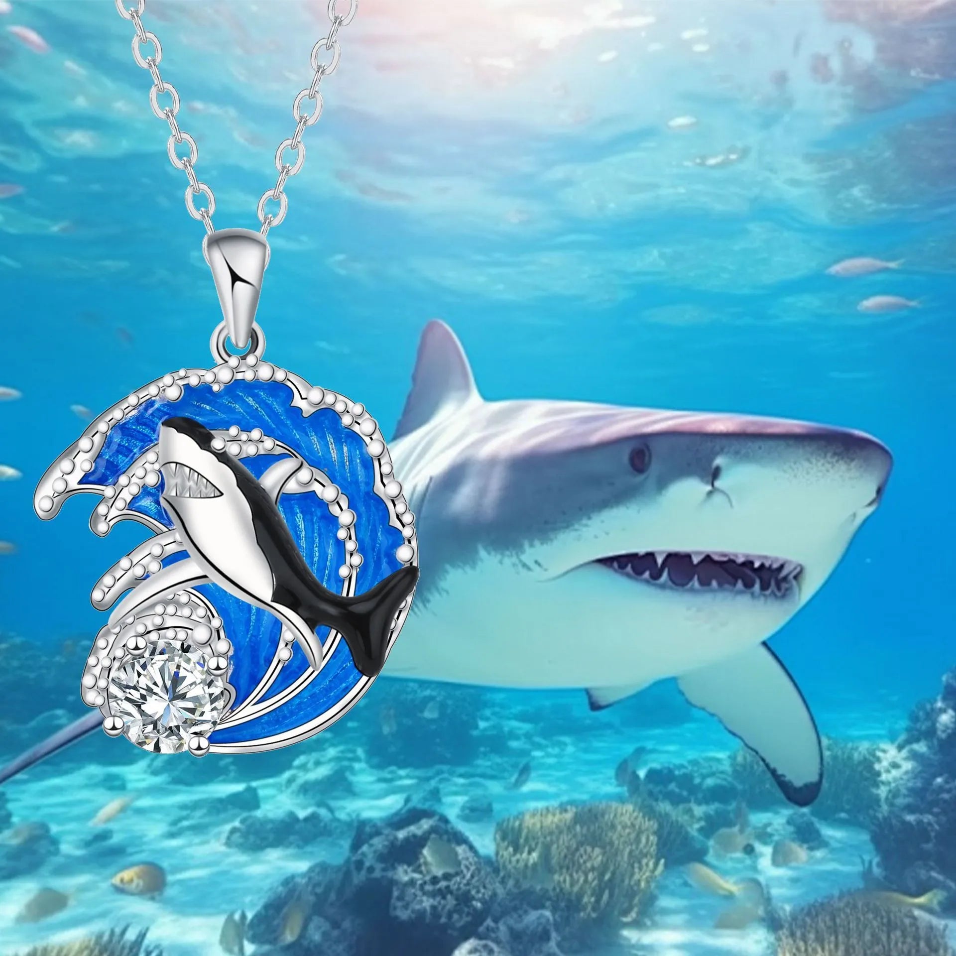 Shark necklace for women with copper pendant on cross chain, adjustable 41-50cm length