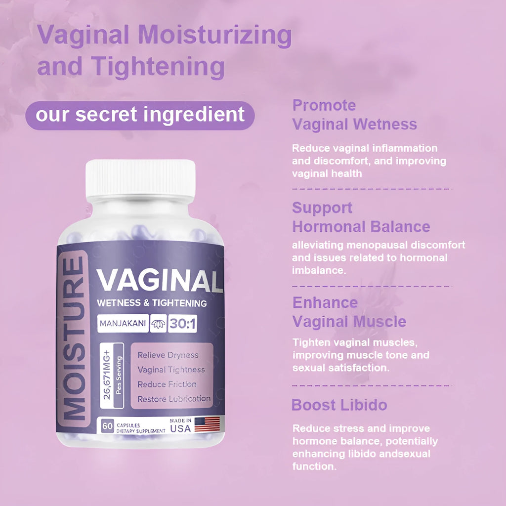 Bottle of 60 herbal vaginal capsules with licorice, angelica, and skullcap extracts