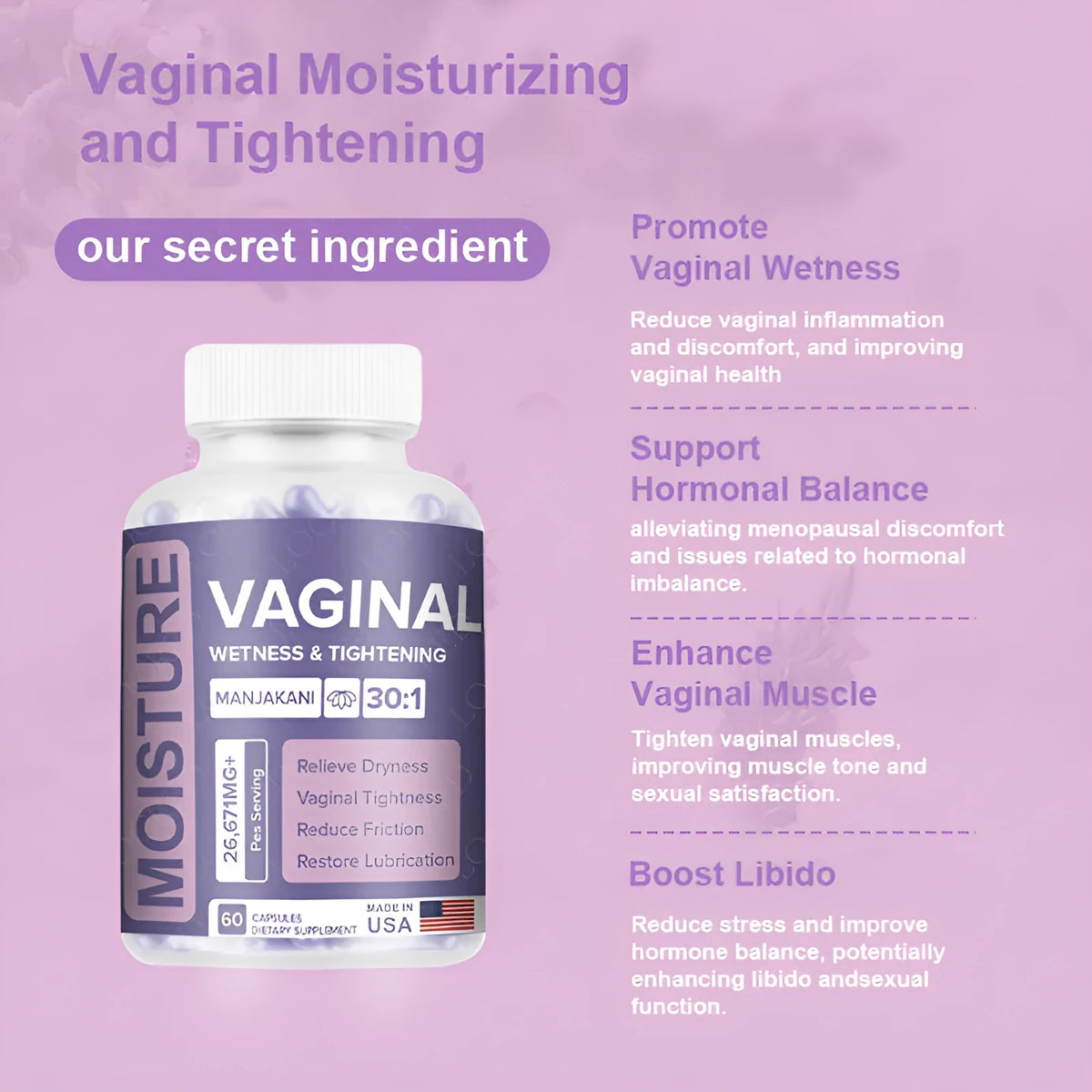 Bottle of 60 herbal vaginal capsules with licorice, angelica, and skullcap extracts