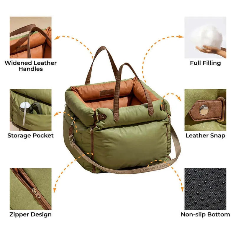 Green waterproof dog car nest with removable cover on a car seat, dimensions 55cm by 50cm