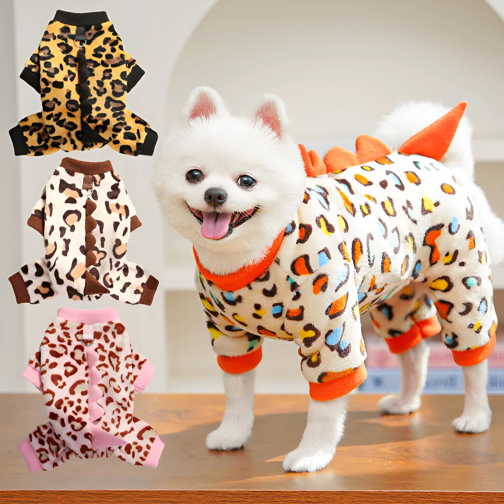 Four-legged leopard print dinosaur dog jumper in pink, polyester, sizes XS to 2XL for French Bulldogs