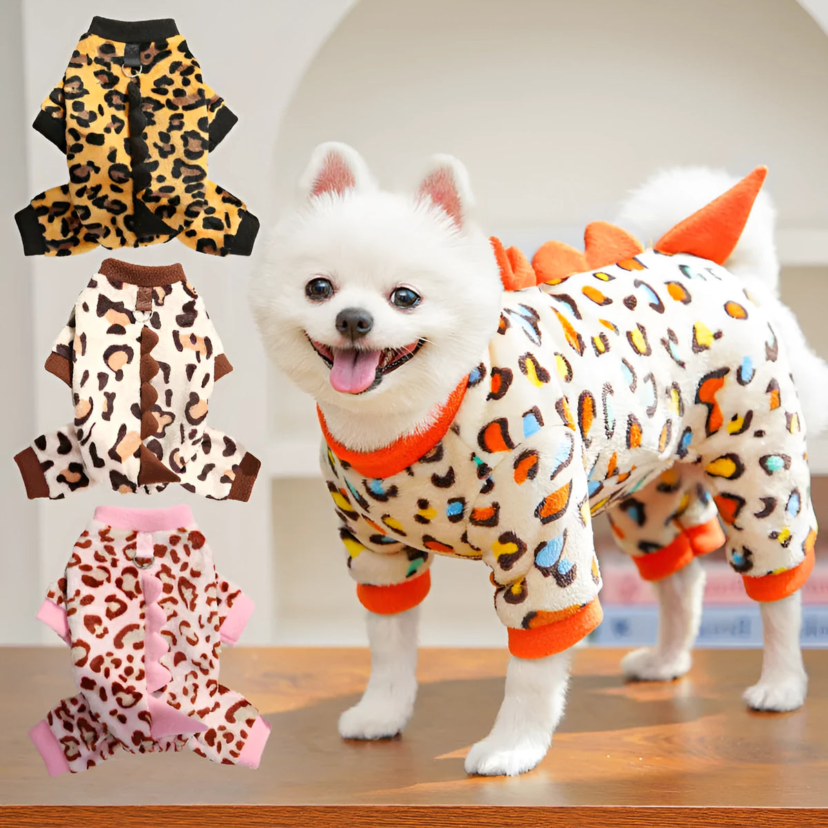Four-legged leopard print dinosaur dog jumper in pink, polyester, sizes XS to 2XL for French Bulldogs