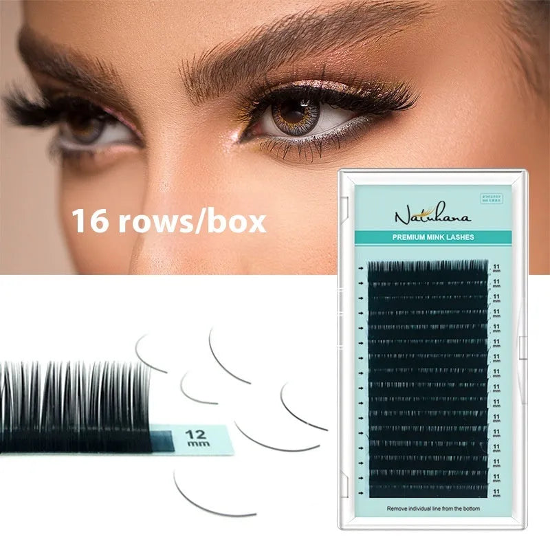 Soft velvet false eyelashes showing range of lengths from 7mm to 15mm and different curl specifications.