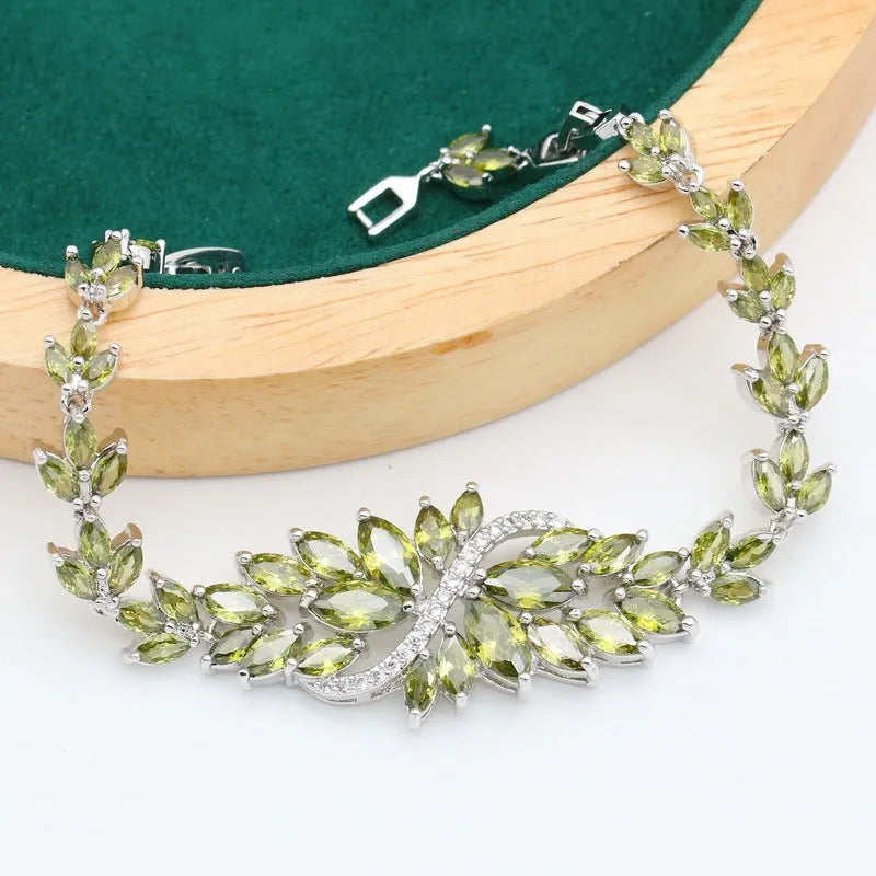 Retro floral jewellery set with alloy pendant, copper-zircon detailing in olive green, purple and multicolour options