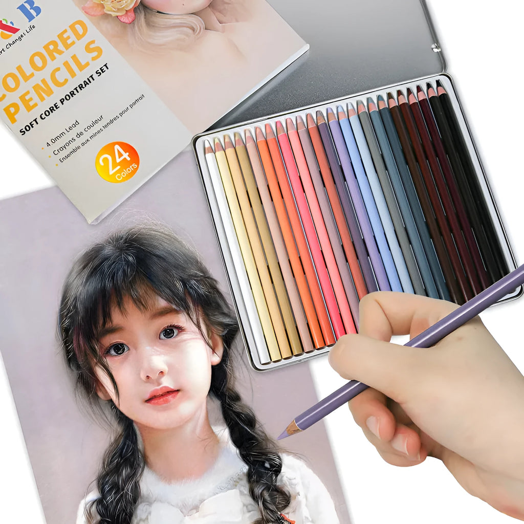 Round metal tin containing 24 skin tone coloured pencils for portrait drawing