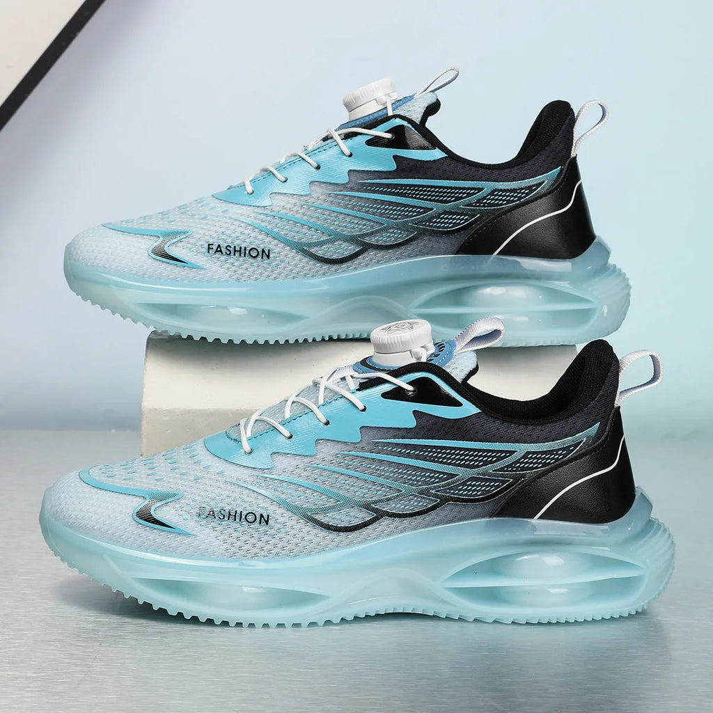 Casual running shoes with mesh upper and rubber sole in sky blue, black gold, or white colours