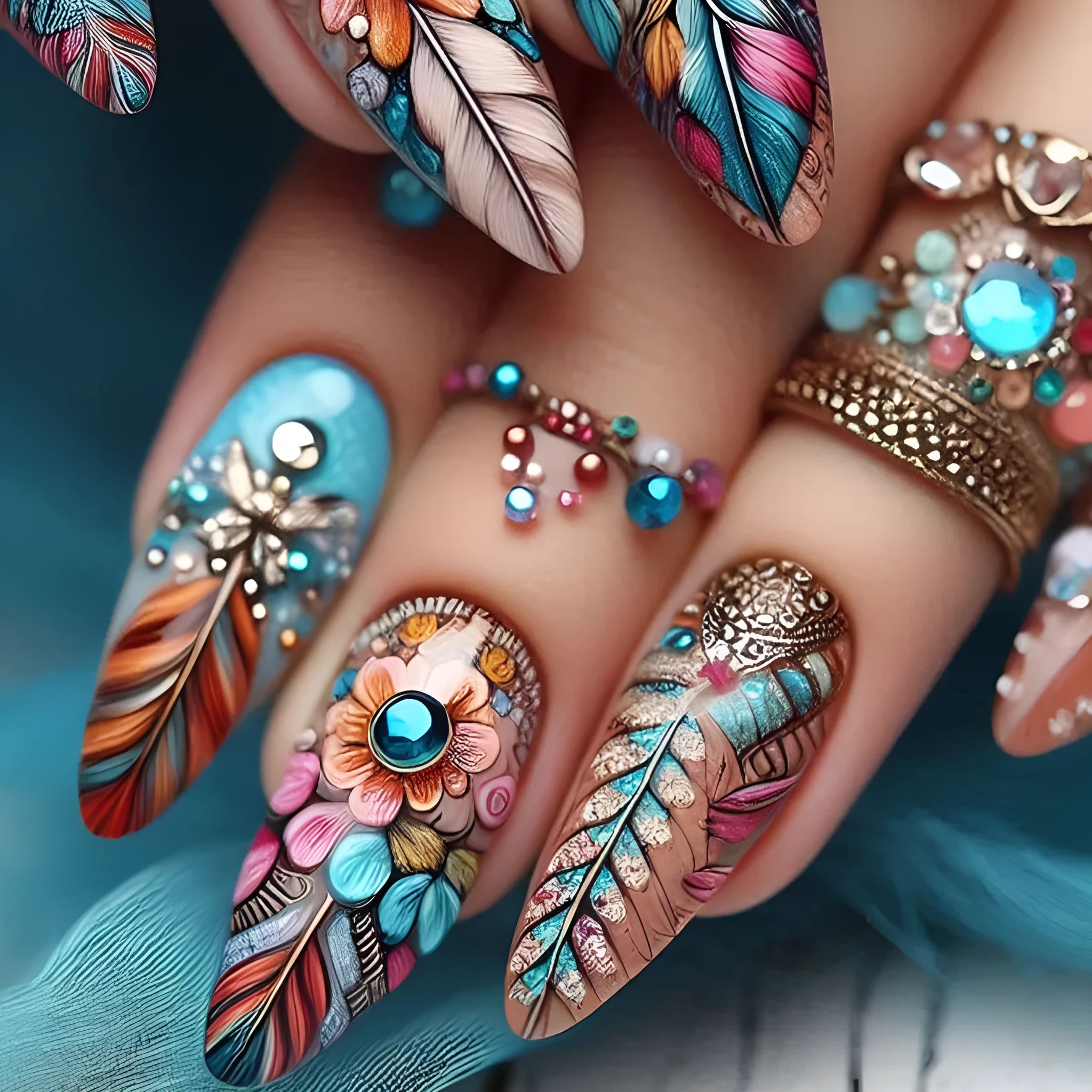 Plastic nail art set with retro designs of colourful feathers, flowers, butterflies, and love hearts.