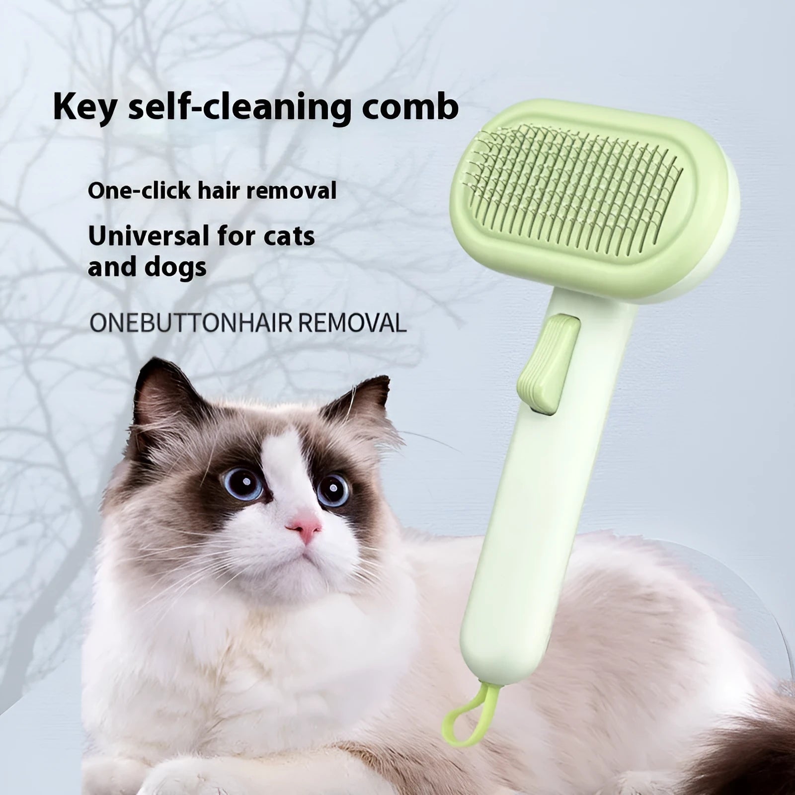 Large light grey pet hair removal comb for cats and dogs on a plain background.