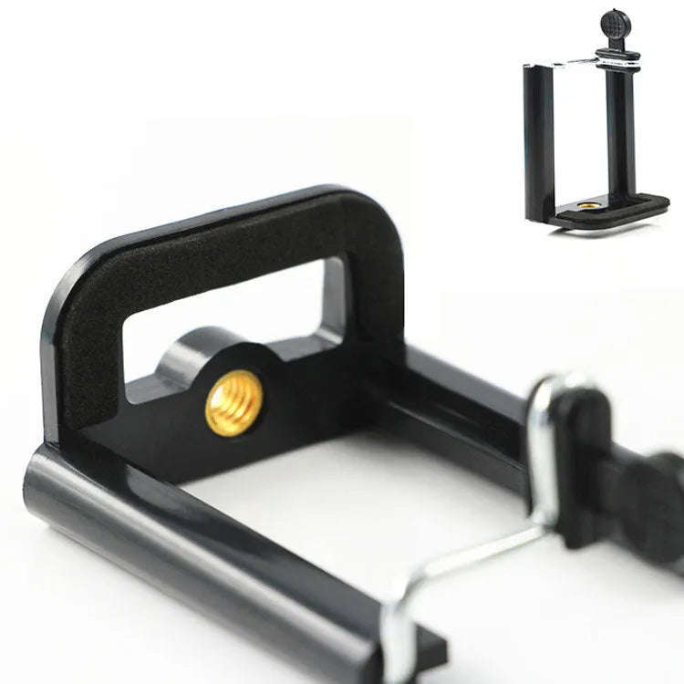 Black plastic U mobile phone clip hose bracket showing universal phone holder attached to cylindrical object