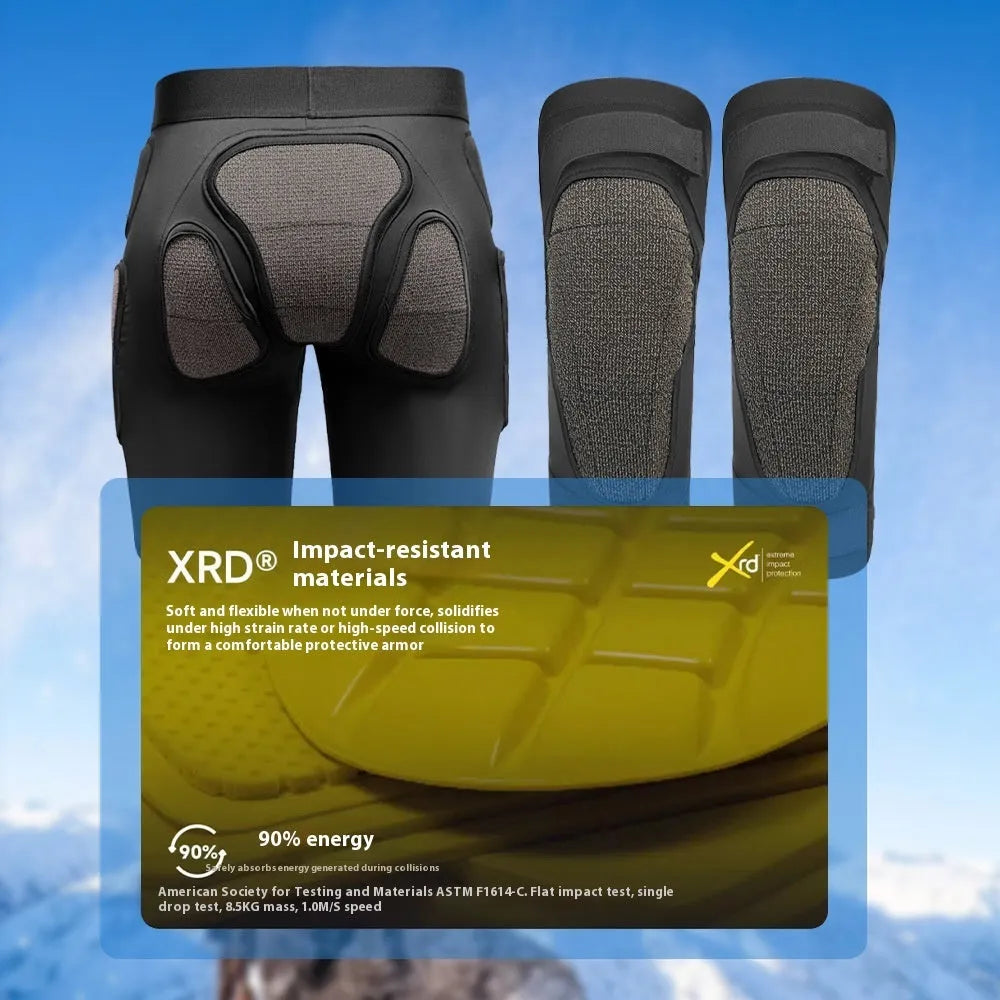 X-ray diffraction ski protective gear showing hip pad and knee pad styles for anti-fall sports safety.