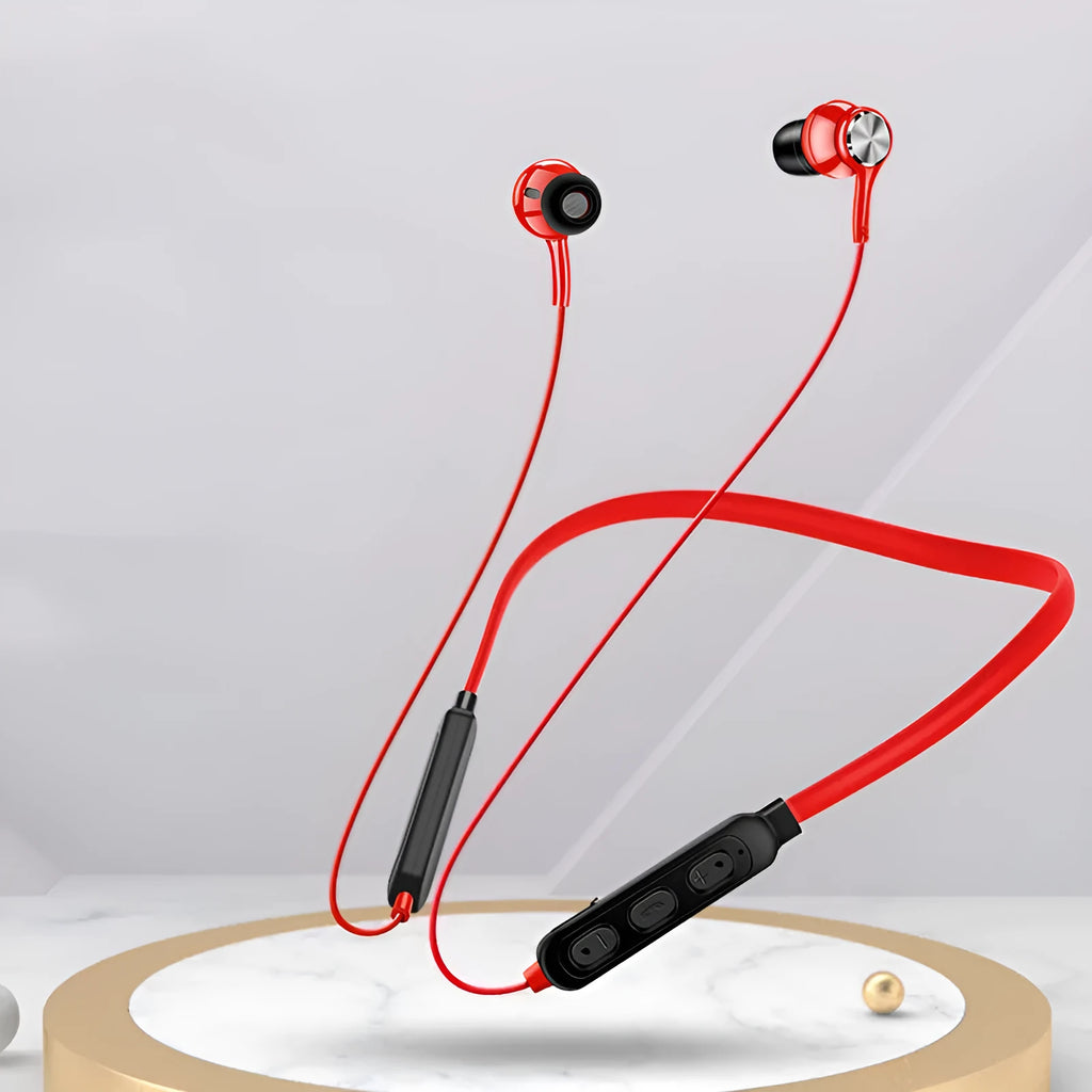 G03 neckband-style sports Bluetooth earphones in red, black, or white colour options, showing the hanging design.