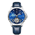 Men's blue dial automatic mechanical watch with 14mm case thickness showing T885B colour variant.