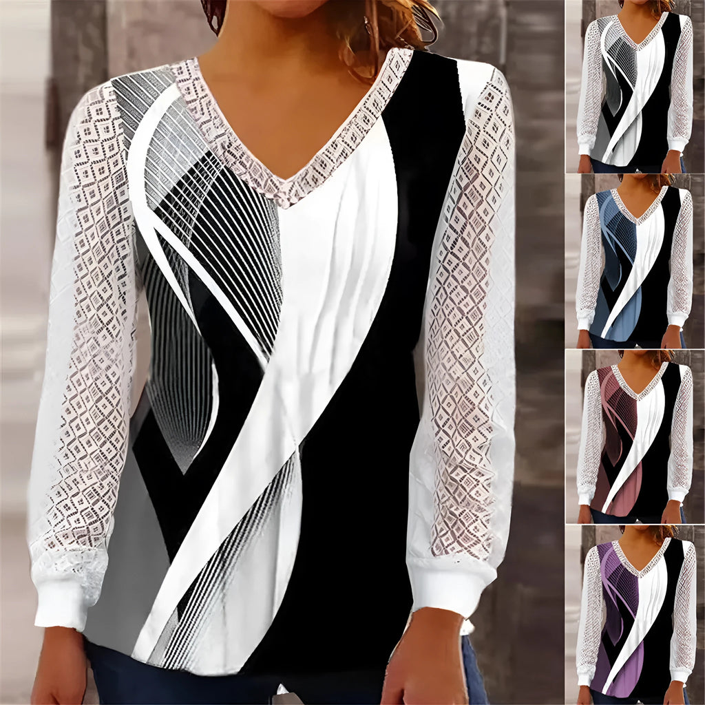 Women's V-neck loose fit hollow-out lace top in purple, wine red, grey, or blue with long sleeves