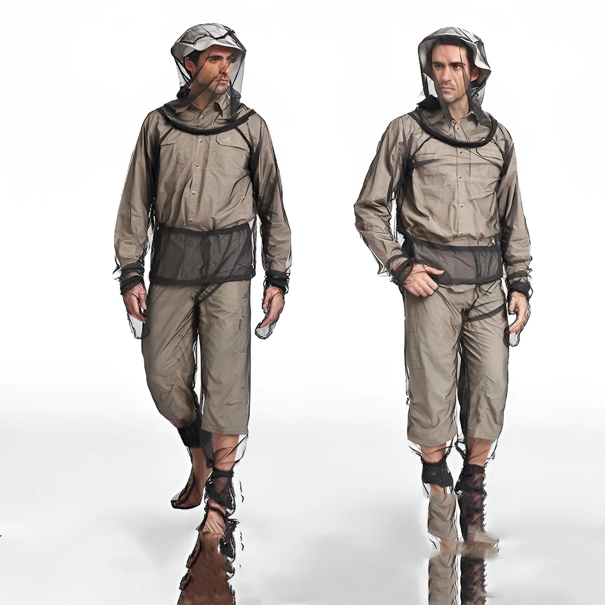 Lightweight mesh anti-mosquito suit set comprising a hooded jacket, trousers, and booties laid out flat.