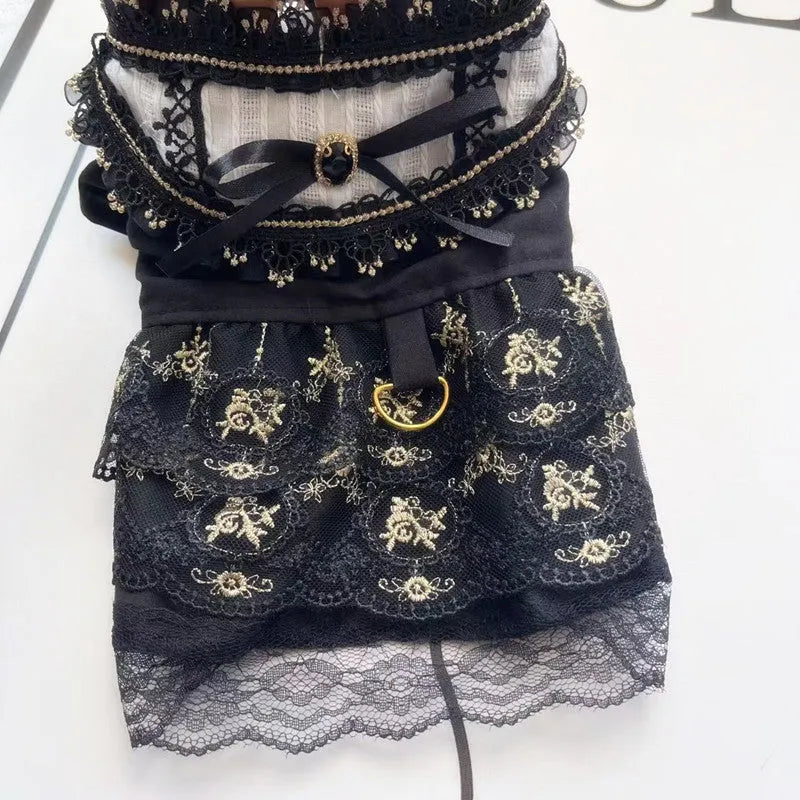 Golden gothic princess style skirt for a small dog on a mannequin, showing the size tag.
