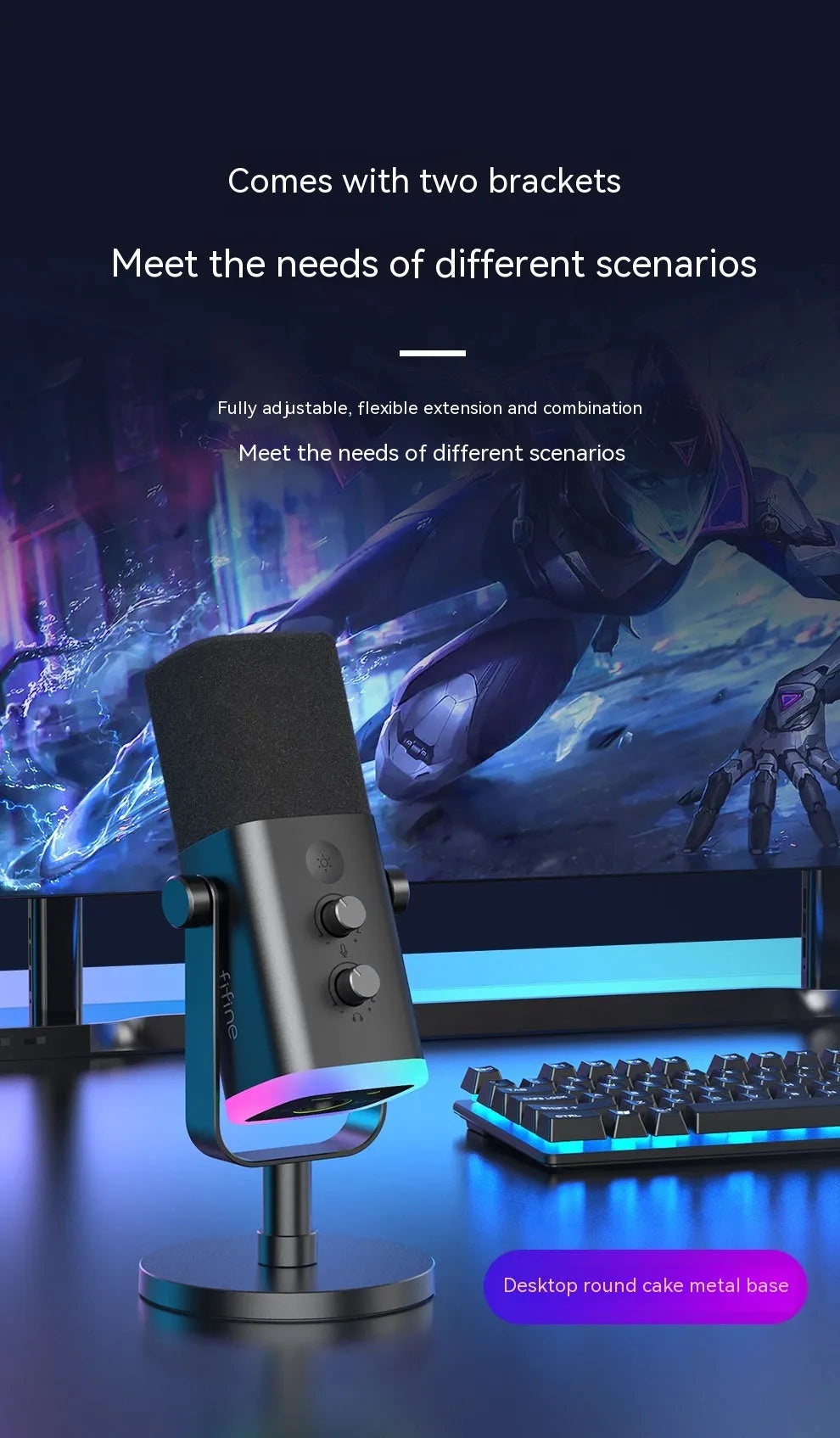 Dynamic noise reduction microphone in black, pink or white with detachable bracket and included cables