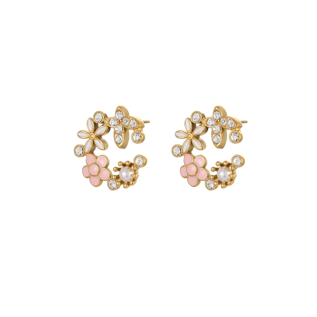 Women's stainless steel flower stud earrings with 18K gold plating and colourful diamond electroplating