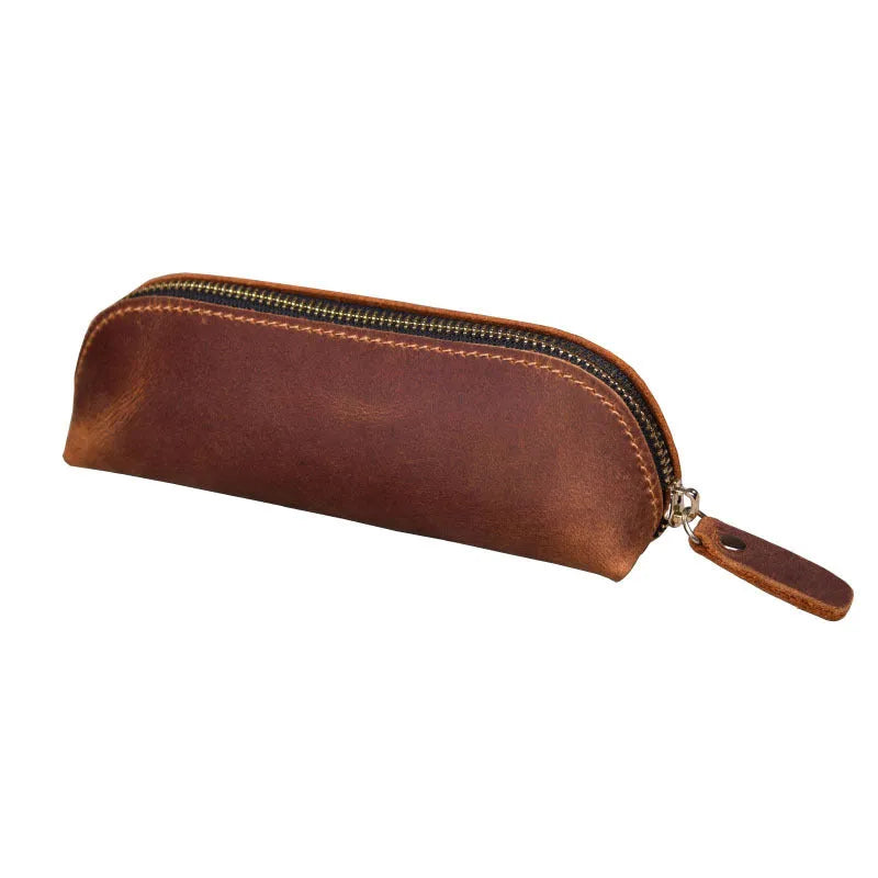 Genuine cowhide leather square pencil and glasses case with zipper in black colour