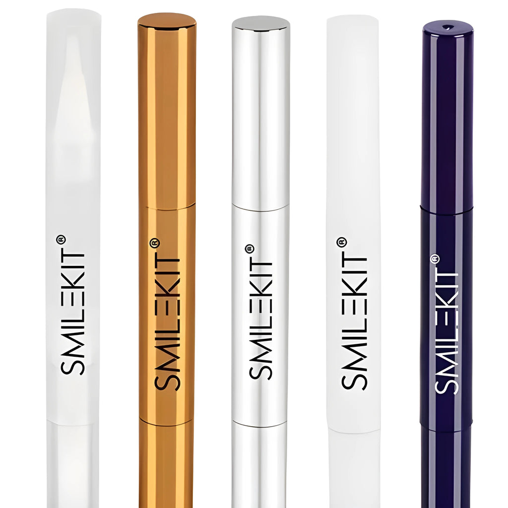 A teeth whitening pen with a brush applicator, shown in plastic and aluminium case options.