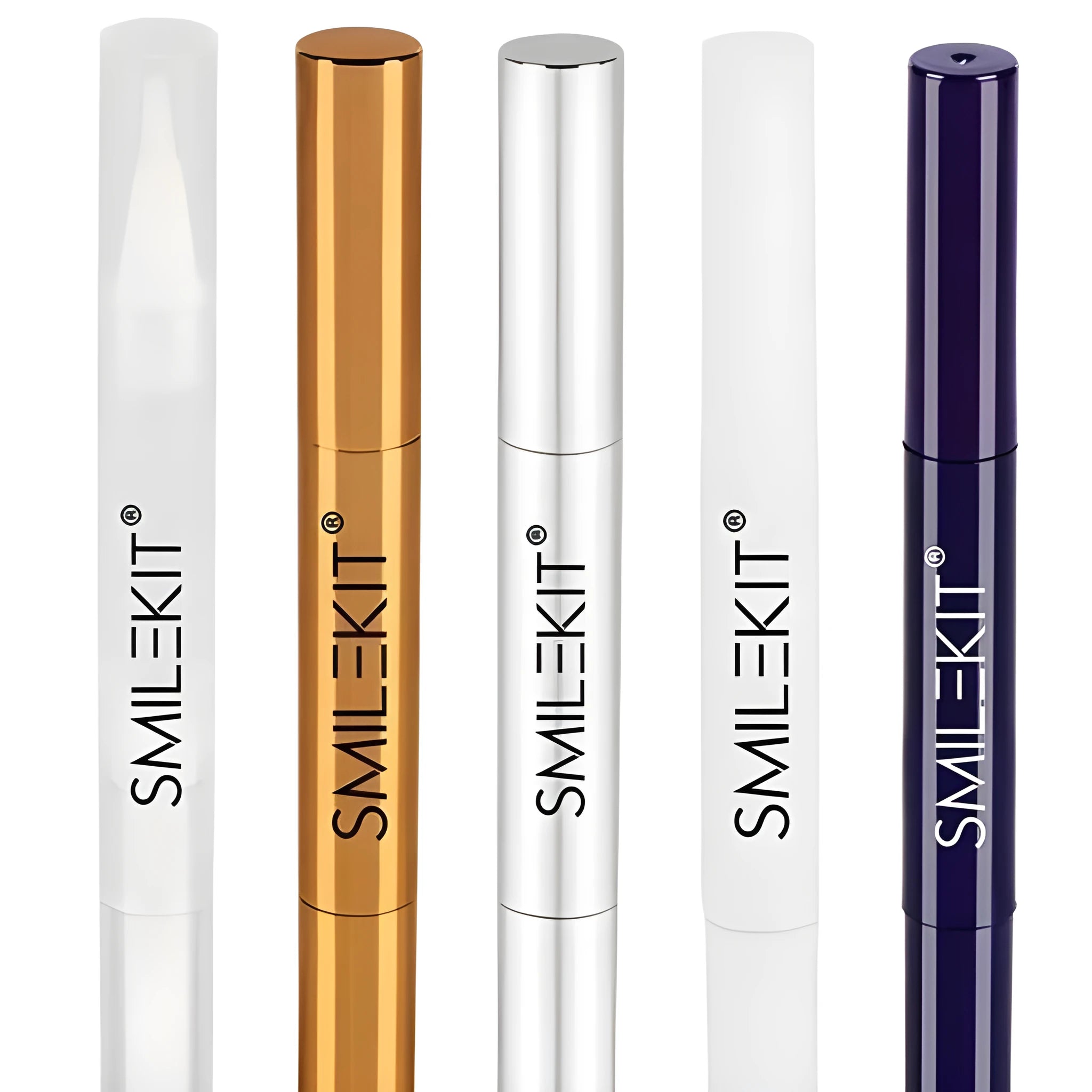 A teeth whitening pen with a brush applicator, shown in plastic and aluminium case options.