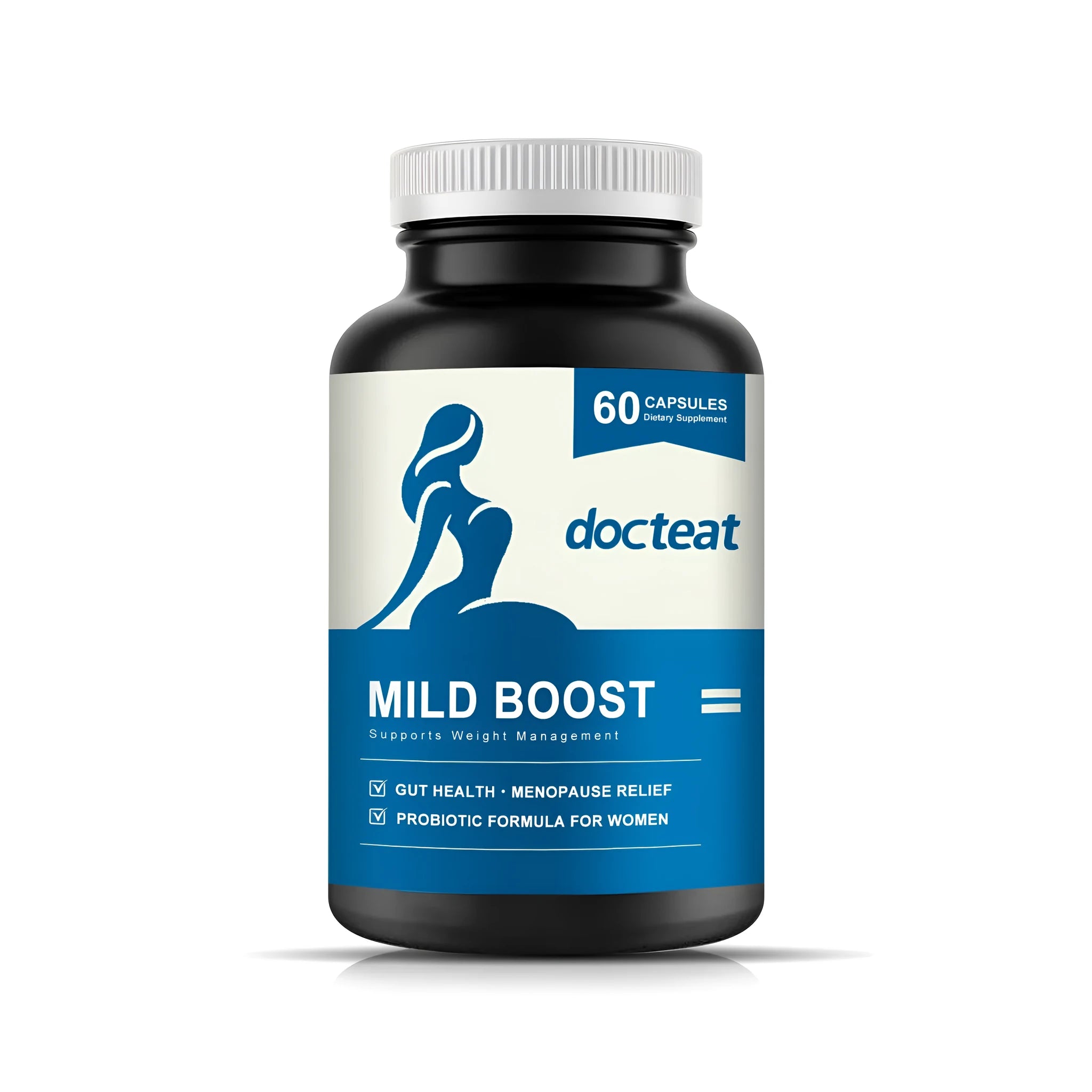 Dietary supplement bottle containing 60 capsules with probiotic blend, turmeric, and moringa leaf extracts