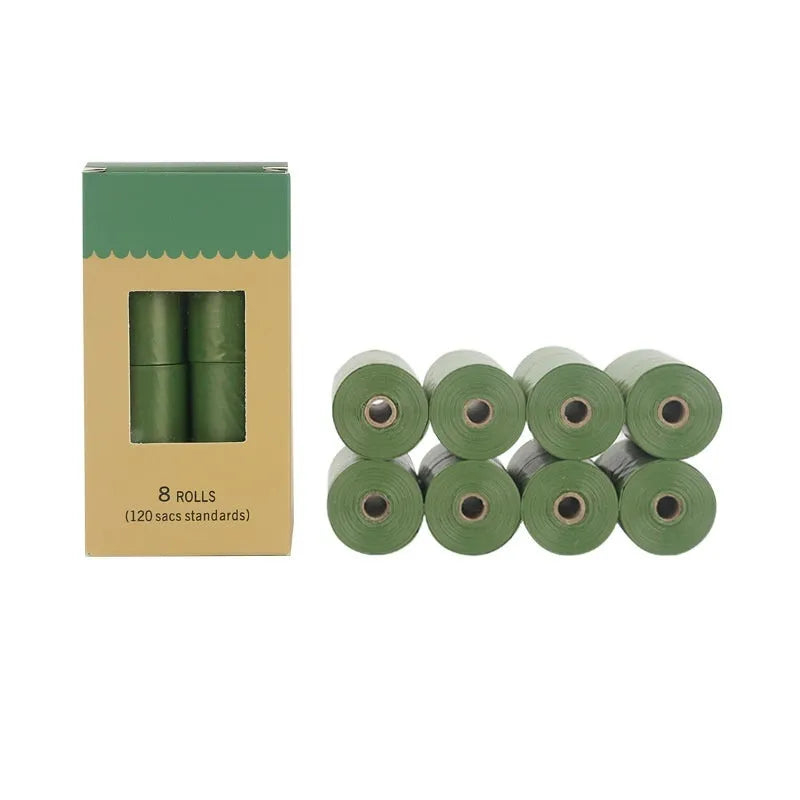 Green, blue, purple, orange and black rolls of EPI degradable, thickening pet waste bags with lavender or tasteless options.