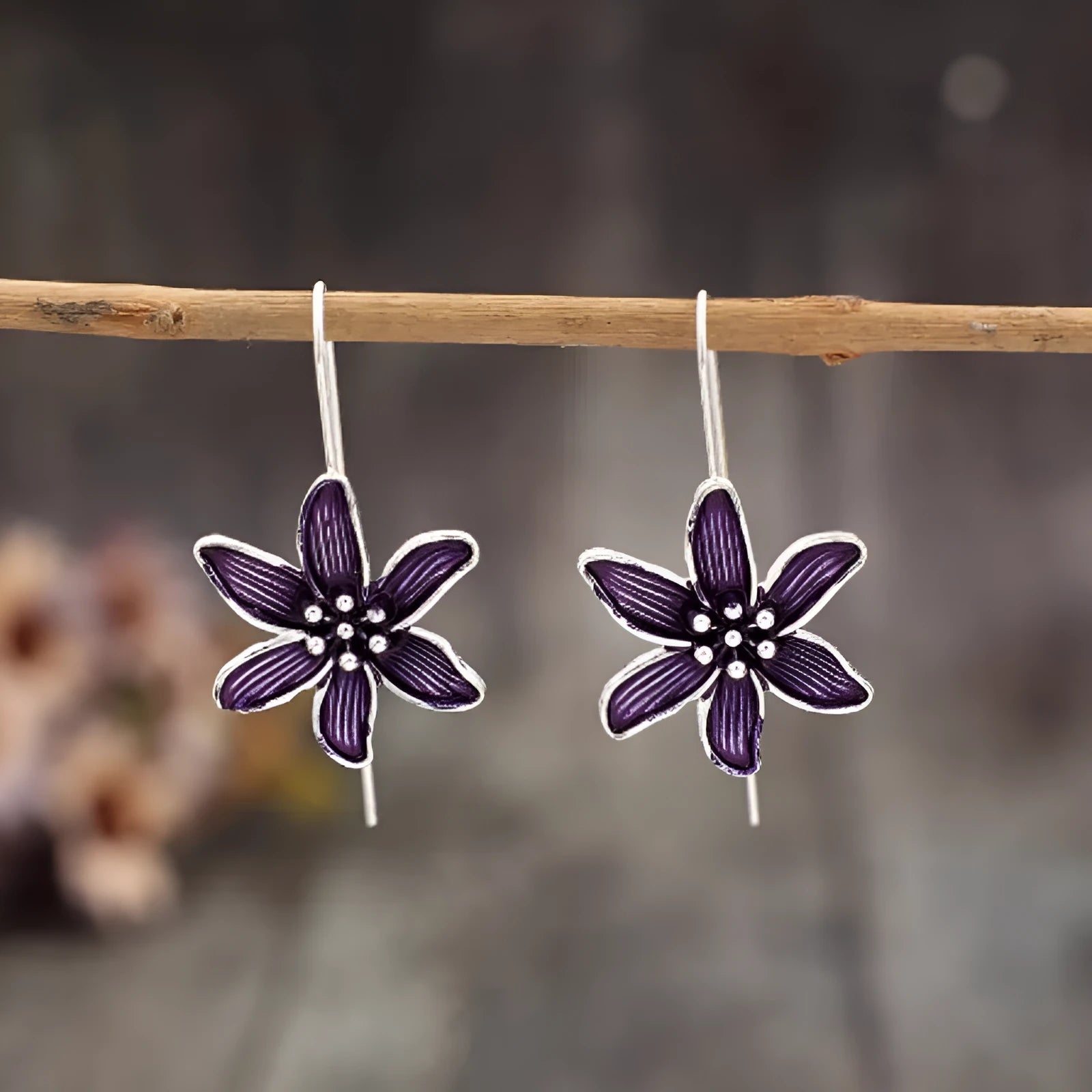 Purple flower-shaped alloy earrings with electroplated finish and retro design