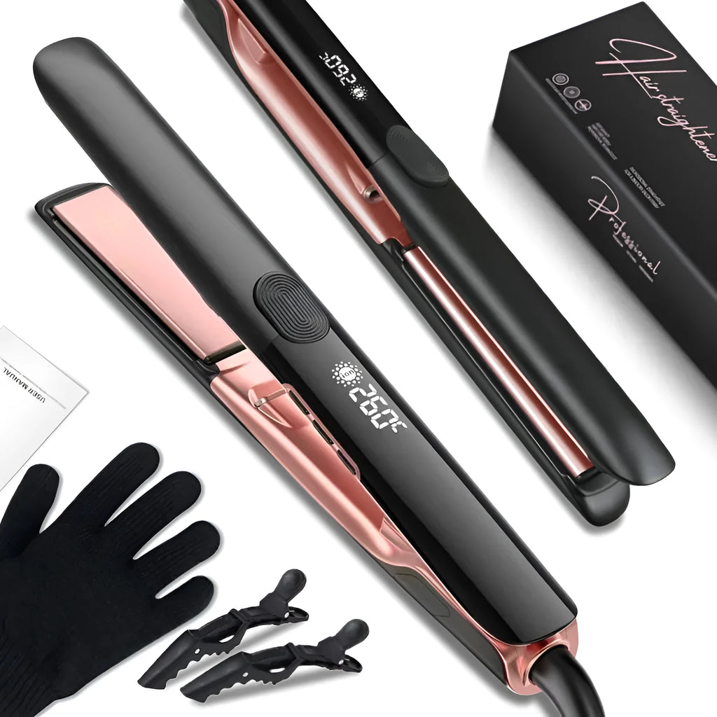 Hair straightener with ceramic plates showing temperature display and EU power specification