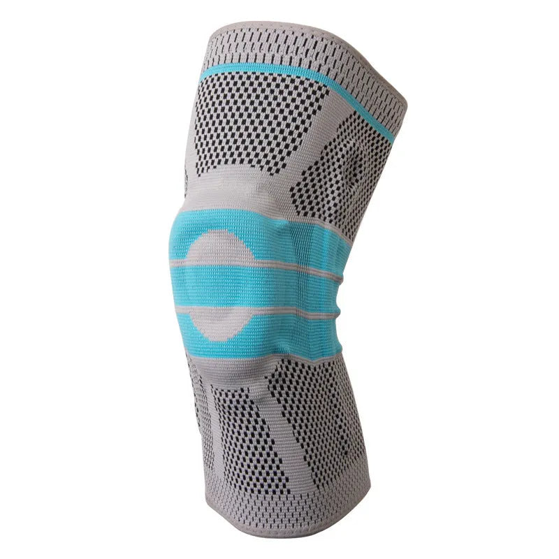 Sky blue elastic fibre silicone knee pads for running and basketball protection in S, M, L, XL sizes
