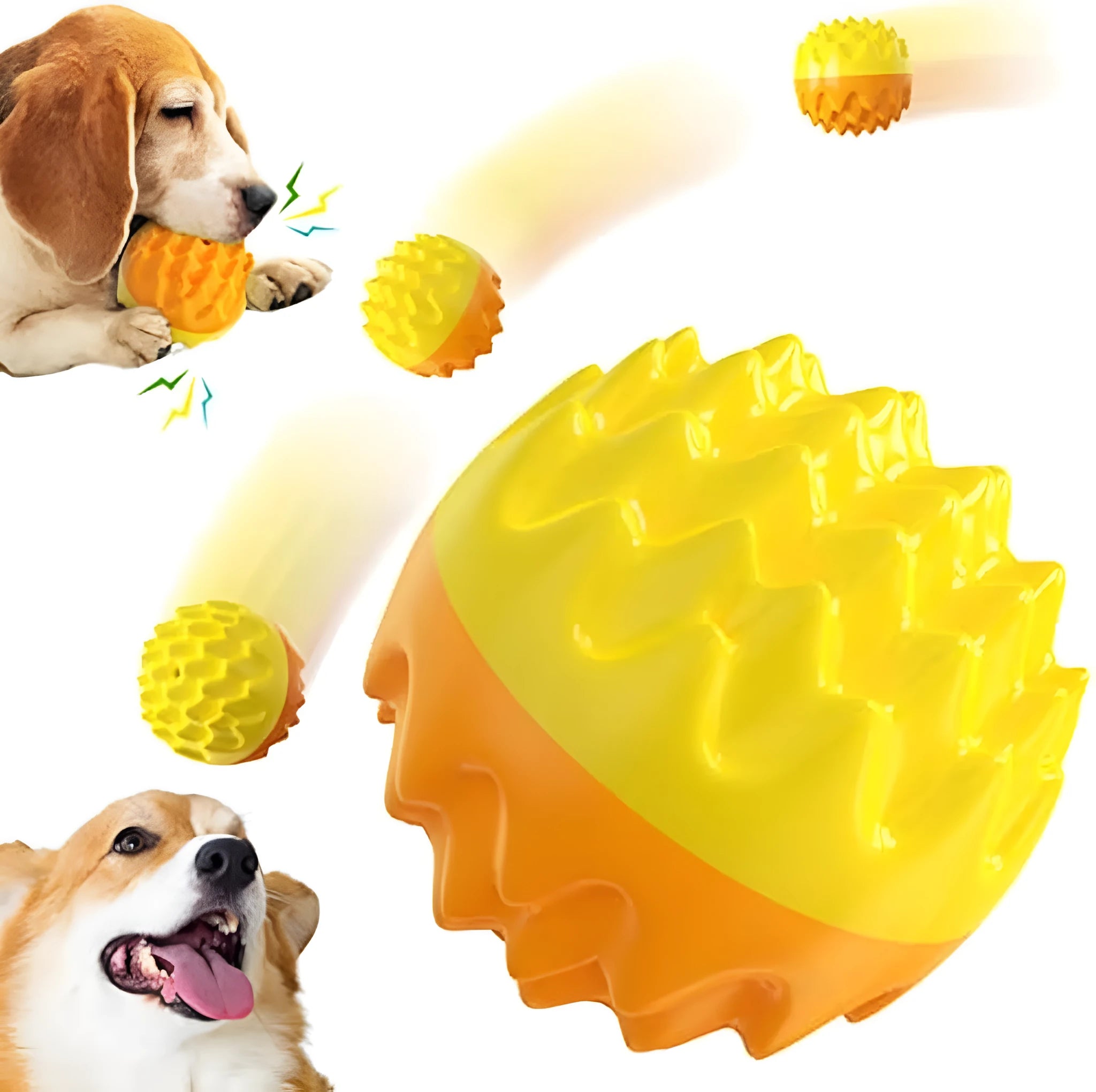 Blue rubber dog ball with spiky texture for dental cleaning and squeaker function