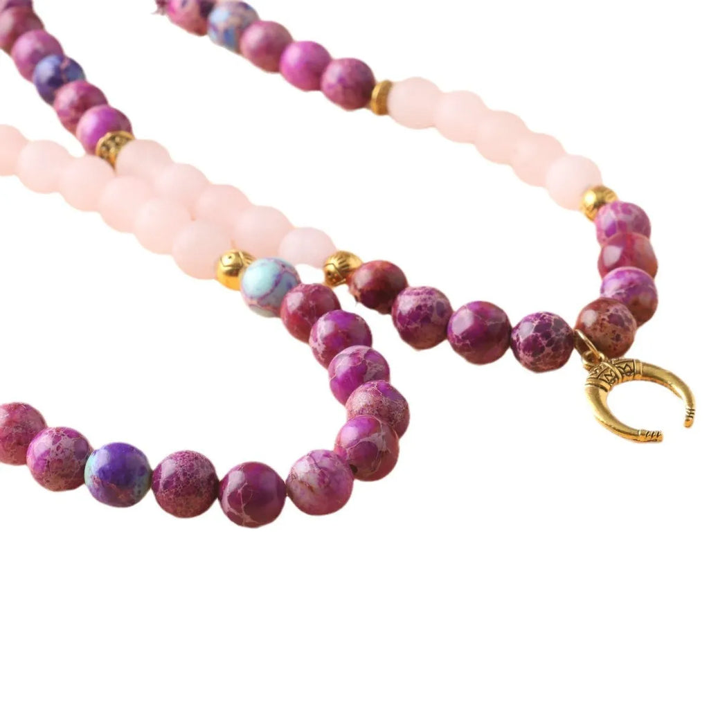 Emperor stone necklace with pink crystal beads and round pendant casual jewellery for women and men