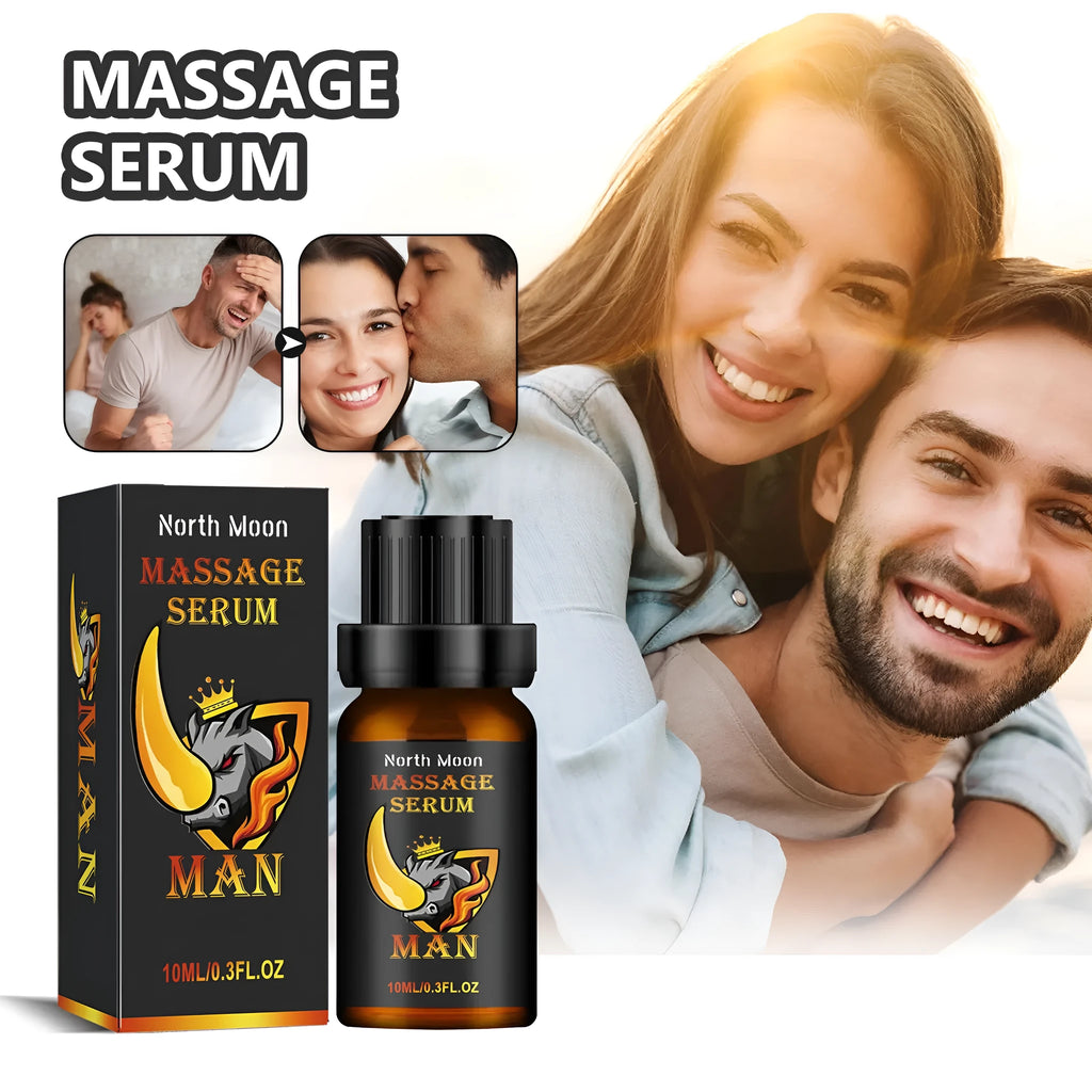 10ml men's body care essential oil bottle with mineral oil, jojoba, vitamin E, cocoa butter, and ginger root oil formulation