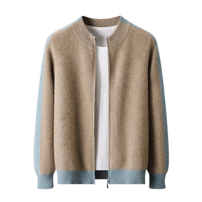 Men's grey wool half turtleneck zip cardigan with loose fit and long sleeves